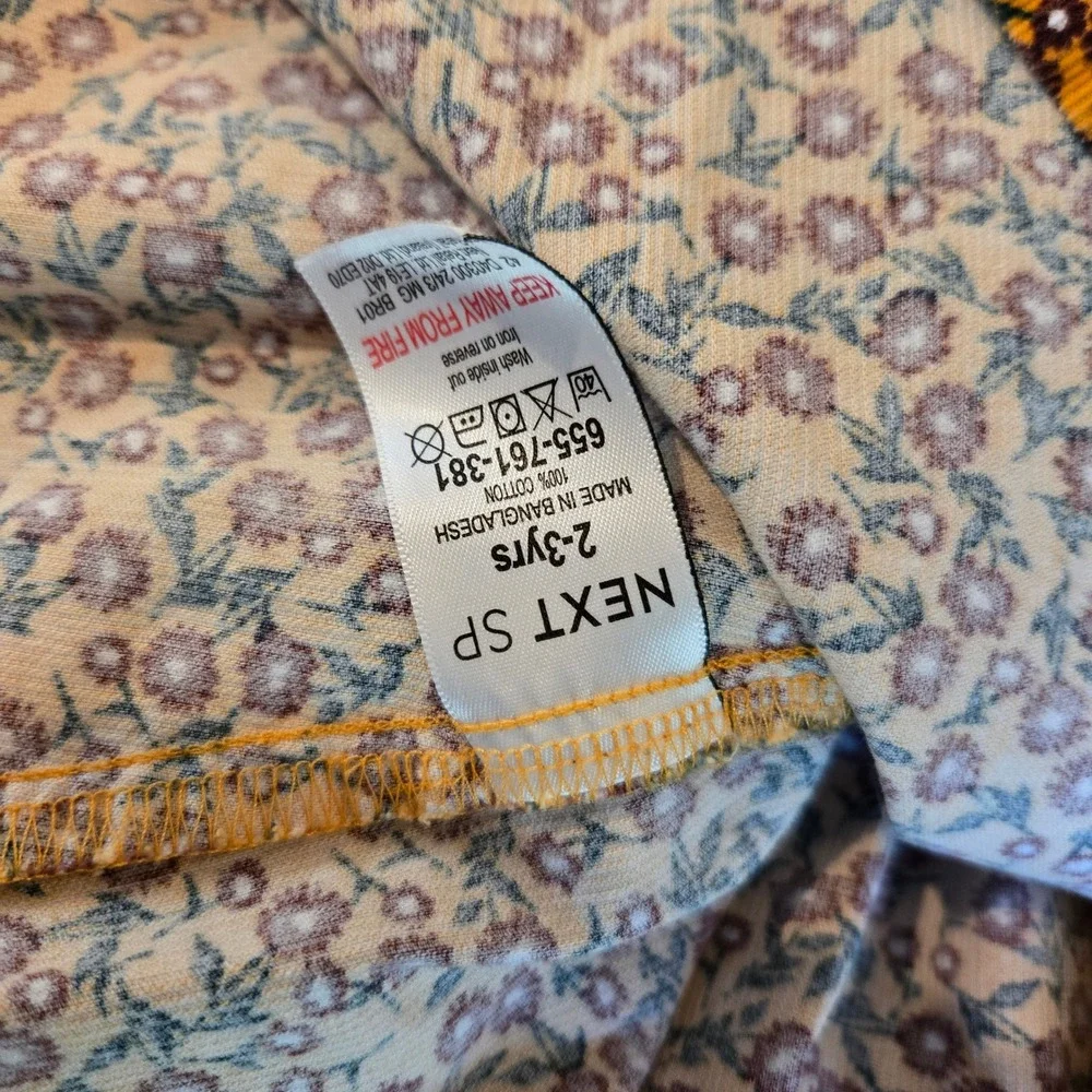 Next SP Girls Mustard Yellow Floral Corduroy Dress Ruffle‎ Neck 2-3 Years